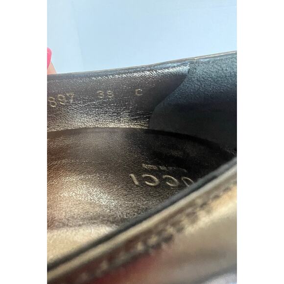 GUCCI Leather Champagne Gold Round Toe Black Low Heel Pump Shoes Size 8 Narrow - Picture 5 of 12